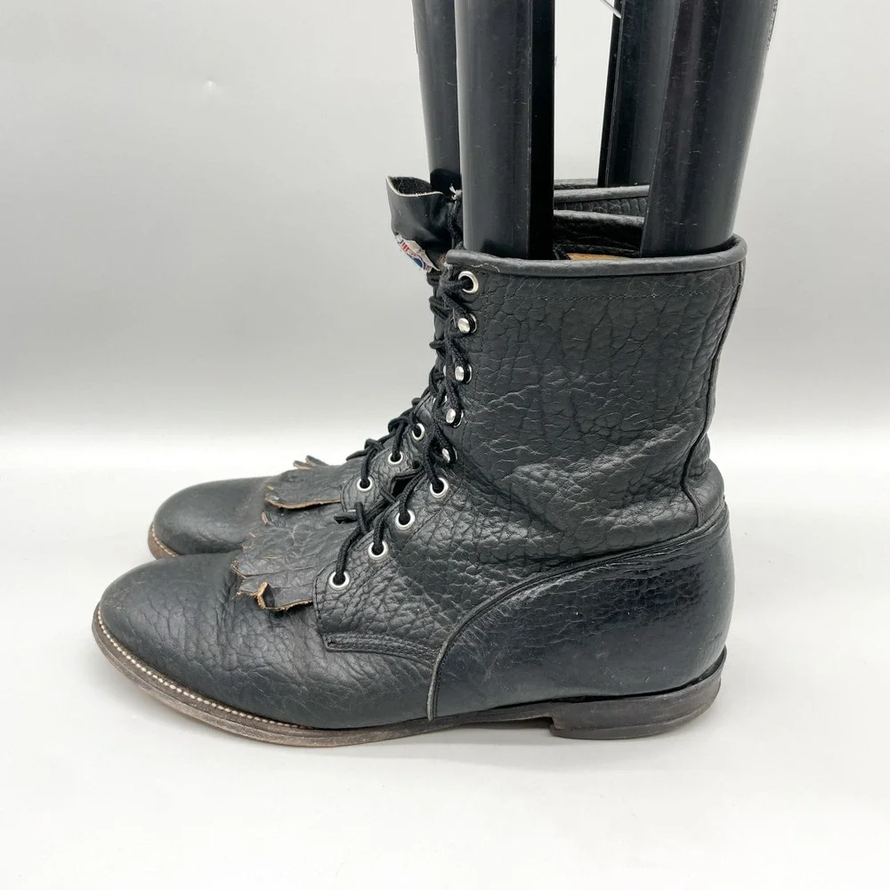Justin Mens 11 D Lace Up Kiltie Work Boots Black Pebbled Leather VTG Rugged